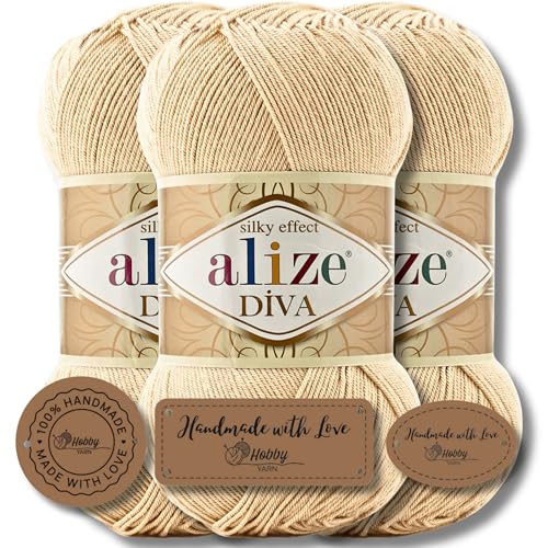Hobby YARN 3x Etikettenlabel mit Alize Diva Wolle 3 x 100g als Set, Garn, Yarn, Strickgarn, Einfarbig, Unifarben, Baby, Akzente, Accessoire, zum Häkeln, Stricken, Kleidung (368) von Hobby YARN