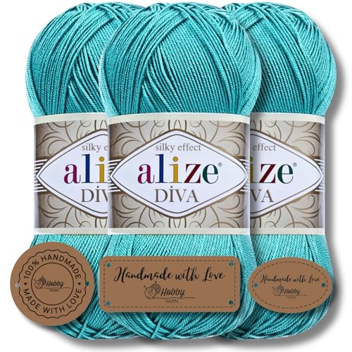 Hobby YARN 3x Etikettenlabel mit Alize Diva Wolle 3 x 100g als Set, Garn, Yarn, Strickgarn, Einfarbig, Unifarben, Baby, Akzente, Accessoire, zum Häkeln, Stricken, Kleidung (376) von Hobby YARN