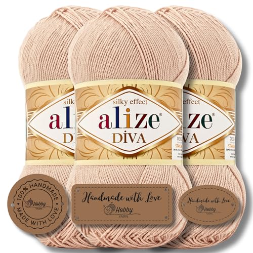 Hobby YARN 3x Etikettenlabel mit Alize Diva Wolle 3 x 100g als Set, Garn, Yarn, Strickgarn, Einfarbig, Unifarben, Baby, Akzente, Accessoire, zum Häkeln, Stricken, Kleidung (404) von Hobby YARN