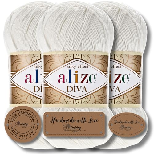 Hobby YARN 3x Etikettenlabel mit Alize Diva Wolle 3 x 100g als Set, Garn, Yarn, Strickgarn, Einfarbig, Unifarben, Baby, Akzente, Accessoire, zum Häkeln, Stricken, Kleidung (450) von Hobby YARN