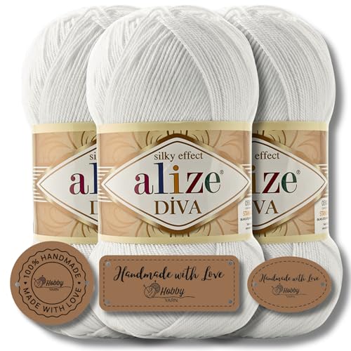 Hobby YARN 3x Etikettenlabel mit Alize Diva Wolle 3 x 100g als Set, Garn, Yarn, Strickgarn, Einfarbig, Unifarben, Baby, Akzente, Accessoire, zum Häkeln, Stricken, Kleidung (55) von Hobby YARN