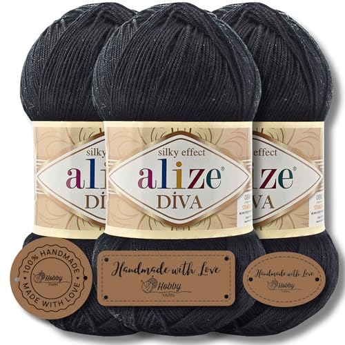 Hobby YARN 3x Etikettenlabel mit Alize Diva Wolle 3 x 100g als Set, Garn, Yarn, Strickgarn, Einfarbig, Unifarben, Baby, Akzente, Accessoire, zum Häkeln, Stricken, Kleidung (60) von Hobby YARN