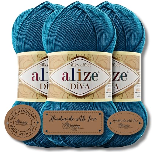 Hobby YARN 3x Etikettenlabel mit Alize Diva Wolle 3 x 100g als Set, Garn, Yarn, Strickgarn, Einfarbig, Unifarben, Baby, Akzente, Accessoire, zum Häkeln, Stricken, Kleidung (646) von Hobby YARN