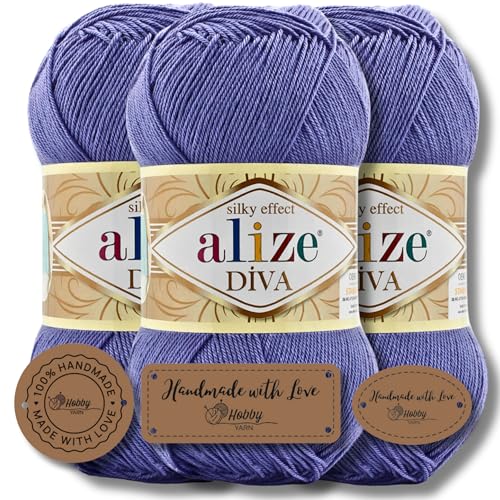 Hobby YARN 3x Etikettenlabel mit Alize Diva Wolle 3 x 100g als Set, Garn, Yarn, Strickgarn, Einfarbig, Unifarben, Baby, Akzente, Accessoire, zum Häkeln, Stricken, Kleidung (981) von Hobby YARN