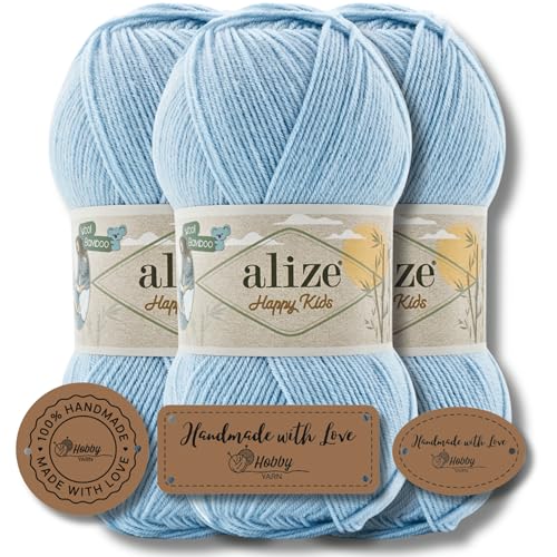 Hobby YARN 3x Etikettenlabel mit Alize Happy Kids Wolle Premium 3x100g als Set, Babywolle, Acryl, Bambus, Uni, Strickgarn zum Häkeln und Stricken (183) von Hobby YARN
