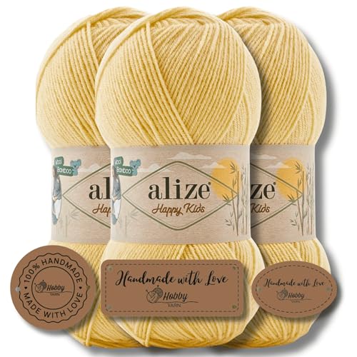Hobby YARN 3x Etikettenlabel mit Alize Happy Kids Wolle Premium 3x100g als Set, Babywolle, Acryl, Bambus, Uni, Strickgarn zum Häkeln und Stricken (187) von Hobby YARN