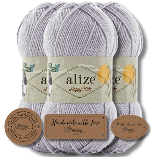 Hobby YARN 3x Etikettenlabel mit Alize Happy Kids Wolle Premium 3x100g als Set, Babywolle, Acryl, Bambus, Uni, Strickgarn zum Häkeln und Stricken (451) von Hobby YARN