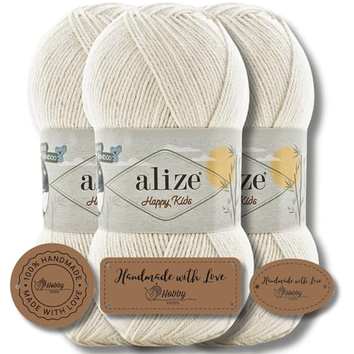 Hobby YARN 3x Etikettenlabel mit Alize Happy Kids Wolle Premium 3x100g als Set, Babywolle, Acryl, Bambus, Uni, Strickgarn zum Häkeln und Stricken (62) von Hobby YARN