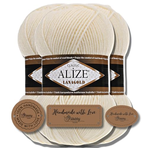 Hobby YARN 3x Etikettenlabel mit Alize Lanagold Wolle Premium 3x100g als Set, Yarn, Garn, Strickgarn, Einfarbig, Baby, zum Häkeln, Stricken, Kleidung, Schals (1) von Hobby YARN
