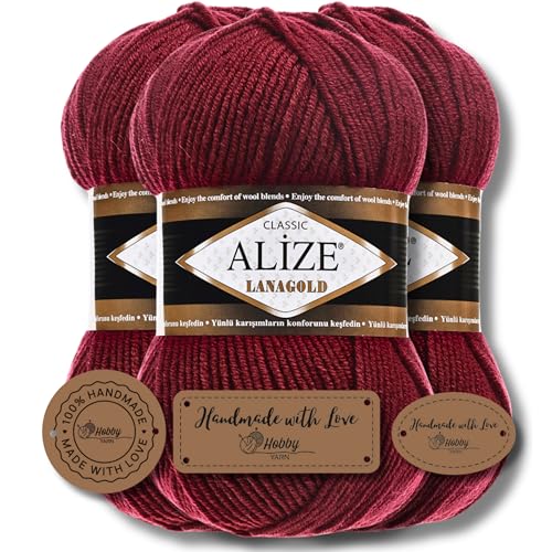 Hobby YARN 3x Etikettenlabel mit Alize Lanagold Wolle Premium 3x100g als Set, Yarn, Garn, Strickgarn, Einfarbig, Baby, zum Häkeln, Stricken, Kleidung, Schals (57) von Hobby YARN