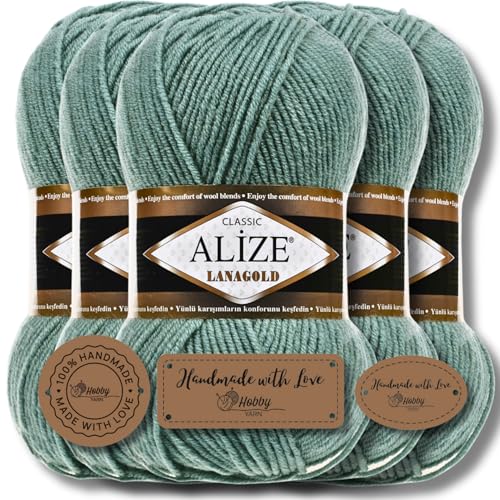 Hobby YARN 3x Etikettenlabel mit Alize Lanagold Wolle Premium 5x100g als Set | Yarn | Garn | Strickgarn Einfarbig Baby zum Häkeln Stricken Kleidung Schals (Azure | 386) von Hobby YARN