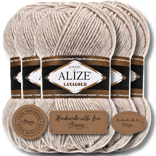 Hobby YARN 3x Etikettenlabel mit Alize Lanagold Wolle Premium 5x100g als Set | Yarn | Garn | Strickgarn Einfarbig Baby zum Häkeln Stricken Kleidung Schals (Beige Melange | 152) von Hobby YARN