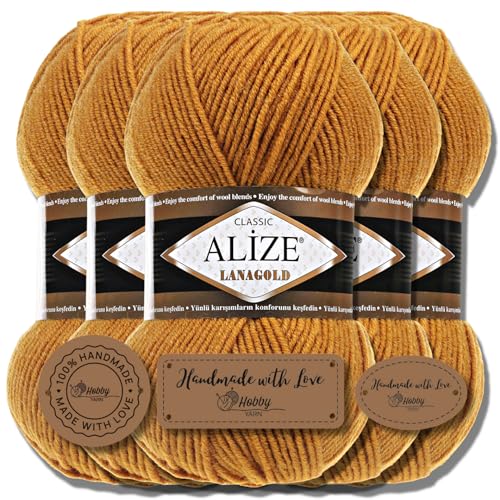 Hobby YARN 3x Etikettenlabel mit Alize Lanagold Wolle Premium 5x100g als Set | Yarn | Garn | Strickgarn Einfarbig Baby zum Häkeln Stricken Kleidung Schals (Mustard | 645) von Hobby YARN