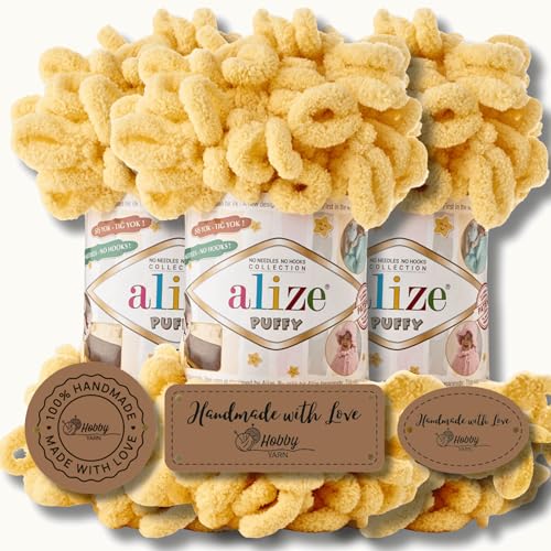 Hobby YARN 3x Etikettenlabel mit Alize Puffy Wolle Premium 3x100g als Set, Yarn, Garn, Strickgarn, Chenille, Kuschelweich, Einfarbig, Baby, zum Häkeln Stricken Kleidung Schals (Butter Yellow - 509) von Hobby YARN