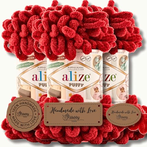 Hobby YARN 3x Etikettenlabel mit Alize Puffy Wolle Premium 3x100g als Set, Yarn, Garn, Strickgarn, Chenille, Kuschelweich, Einfarbig, Baby, zum Häkeln Stricken Kleidung Schals (Dark Red - 106) von Hobby YARN