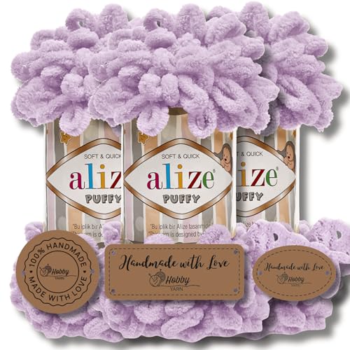 Hobby YARN 3x Etikettenlabel mit Alize Puffy Wolle Premium 3x100g als Set, Yarn, Garn, Strickgarn, Chenille, Kuschelweich, Einfarbig, Baby, zum Häkeln Stricken Kleidung Schals (Light Lilac - 27) von Hobby YARN