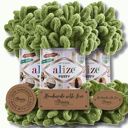 Hobby YARN 3x Etikettenlabel mit Alize Puffy Wolle Premium 3x100g als Set, Yarn, Garn, Strickgarn, Chenille, Kuschelweich, Einfarbig, Baby, zum Häkeln Stricken Kleidung Schals (Olive Green - 485) von Hobby YARN