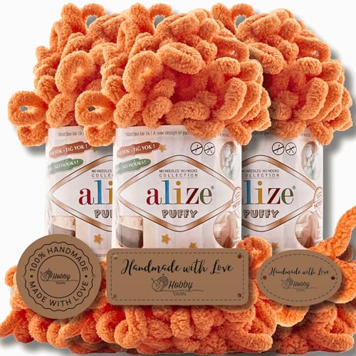 Hobby YARN 3x Etikettenlabel mit Alize Puffy Wolle Premium 3x100g als Set, Yarn, Garn, Strickgarn, Chenille, Kuschelweich, Einfarbig, Baby, zum Häkeln Stricken Kleidung Schals (Orange - 336) von Hobby YARN