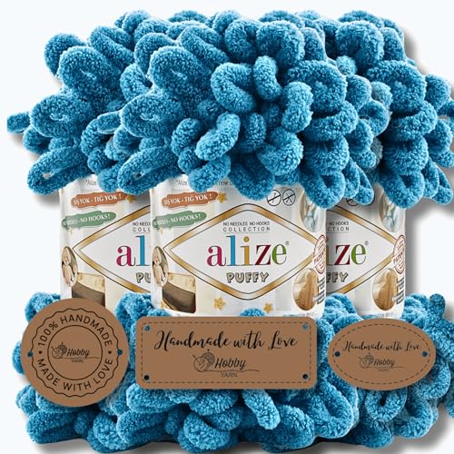 Hobby YARN 3x Etikettenlabel mit Alize Puffy Wolle Premium 3x100g als Set, Yarn, Garn, Strickgarn, Chenille, Kuschelweich, Einfarbig, Baby, zum Häkeln Stricken Kleidung Schals (Petrol Blue - 294) von Hobby YARN