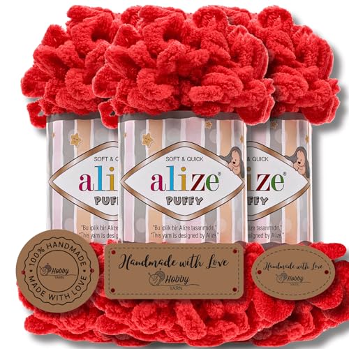 Hobby YARN 3x Etikettenlabel mit Alize Puffy Wolle Premium 3x100g als Set, Yarn, Garn, Strickgarn, Chenille, Kuschelweich, Einfarbig, Baby, zum Häkeln Stricken Kleidung Schals (Red - 56) von Hobby YARN