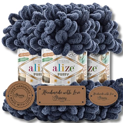 Hobby YARN 3x Etikettenlabel mit Alize Puffy Wolle Premium 3x100g als Set, Yarn, Garn, Strickgarn, Chenille, Kuschelweich, Einfarbig, Baby, zum Häkeln Stricken Kleidung Schals (Slate Blue - 900) von Hobby YARN