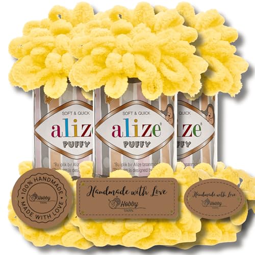 Hobby YARN 3x Etikettenlabel mit Alize Puffy Wolle Premium 3x100g als Set, Yarn, Garn, Strickgarn, Chenille, Kuschelweich, Einfarbig, Baby, zum Häkeln Stricken Kleidung Schals (Yellow - 216) von Hobby YARN