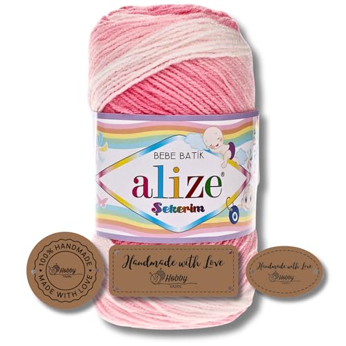 Hobby YARN 3x Etikettenlabel mit Alize Sekerim Bebe Batik Wolle Premium 1x100g als Set | Yarn | Garn | Strickgarn Farbverlauf Babywolle zum Häkeln Stricken Kleidung Schals (2126) von Hobby YARN
