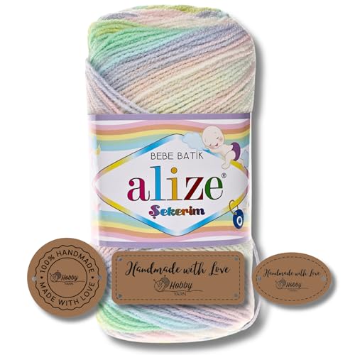 Hobby YARN 3x Etikettenlabel mit Alize Sekerim Bebe Batik Wolle Premium 1x100g als Set | Yarn | Garn | Strickgarn Farbverlauf Babywolle zum Häkeln Stricken Kleidung Schals (2132) von Hobby YARN