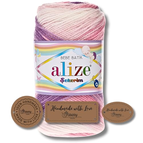 Hobby YARN 3x Etikettenlabel mit Alize Sekerim Bebe Batik Wolle Premium 1x100g als Set | Yarn | Garn | Strickgarn Farbverlauf Babywolle zum Häkeln Stricken Kleidung Schals (2135) von Hobby YARN