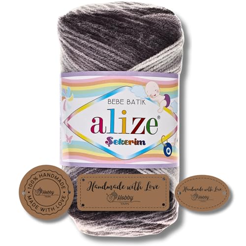Hobby YARN 3x Etikettenlabel mit Alize Sekerim Bebe Batik Wolle Premium 1x100g als Set | Yarn | Garn | Strickgarn Farbverlauf Babywolle zum Häkeln Stricken Kleidung Schals (2881) von Hobby YARN