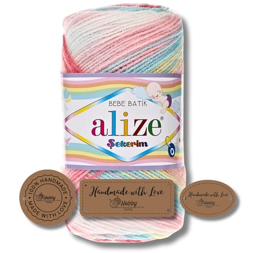 Hobby YARN 3x Etikettenlabel mit Alize Sekerim Bebe Batik Wolle Premium 1x100g als Set | Yarn | Garn | Strickgarn Farbverlauf Babywolle zum Häkeln Stricken Kleidung Schals (3045) von Hobby YARN