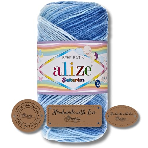 Hobby YARN 3x Etikettenlabel mit Alize Sekerim Bebe Batik Wolle Premium 1x100g als Set | Yarn | Garn | Strickgarn Farbverlauf Babywolle zum Häkeln Stricken Kleidung Schals (3481) von Hobby YARN