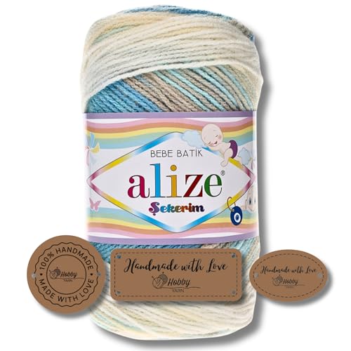 Hobby YARN 3x Etikettenlabel mit Alize Sekerim Bebe Batik Wolle Premium 1x100g als Set | Yarn | Garn | Strickgarn Farbverlauf Babywolle zum Häkeln Stricken Kleidung Schals (4398) von Hobby YARN