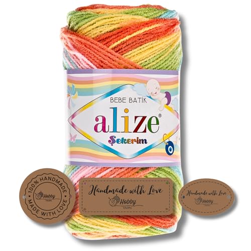 Hobby YARN 3x Etikettenlabel mit Alize Sekerim Bebe Batik Wolle Premium 1x100g als Set | Yarn | Garn | Strickgarn Farbverlauf Babywolle zum Häkeln Stricken Kleidung Schals (4400) von Hobby YARN
