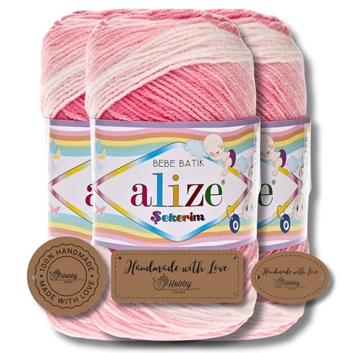 Hobby YARN 3x Etikettenlabel mit Alize Sekerim Bebe Batik Wolle Premium 3x100g als Set | Yarn | Garn | Strickgarn Farbverlauf Babywolle zum Häkeln Stricken Kleidung Schals (2126) von Hobby YARN