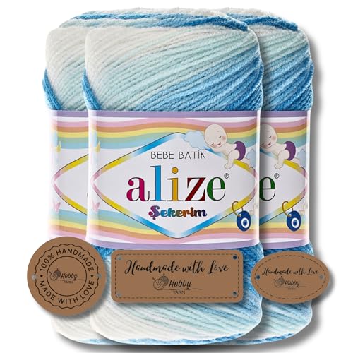 Hobby YARN 3x Etikettenlabel mit Alize Sekerim Bebe Batik Wolle Premium 3x100g als Set | Yarn | Garn | Strickgarn Farbverlauf Babywolle zum Häkeln Stricken Kleidung Schals (2130) von Hobby YARN
