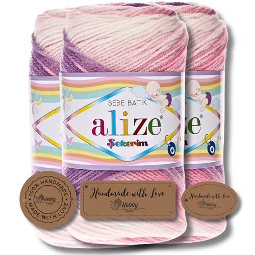 Hobby YARN 3x Etikettenlabel mit Alize Sekerim Bebe Batik Wolle Premium 3x100g als Set | Yarn | Garn | Strickgarn Farbverlauf Babywolle zum Häkeln Stricken Kleidung Schals (2135) von Hobby YARN