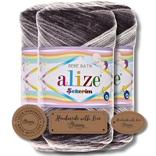 Hobby YARN 3x Etikettenlabel mit Alize Sekerim Bebe Batik Wolle Premium 3x100g als Set | Yarn | Garn | Strickgarn Farbverlauf Babywolle zum Häkeln Stricken Kleidung Schals (2881) von Hobby YARN