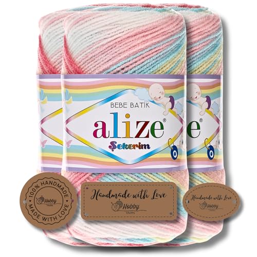 Hobby YARN 3x Etikettenlabel mit Alize Sekerim Bebe Batik Wolle Premium 3x100g als Set | Yarn | Garn | Strickgarn Farbverlauf Babywolle zum Häkeln Stricken Kleidung Schals (3045) von Hobby YARN