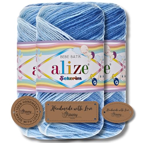 Hobby YARN 3x Etikettenlabel mit Alize Sekerim Bebe Batik Wolle Premium 3x100g als Set | Yarn | Garn | Strickgarn Farbverlauf Babywolle zum Häkeln Stricken Kleidung Schals (3481) von Hobby YARN