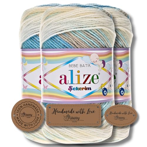Hobby YARN 3x Etikettenlabel mit Alize Sekerim Bebe Batik Wolle Premium 3x100g als Set | Yarn | Garn | Strickgarn Farbverlauf Babywolle zum Häkeln Stricken Kleidung Schals (4398) von Hobby YARN