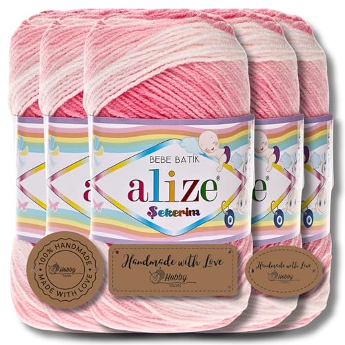 Hobby YARN 3x Etikettenlabel mit Alize Sekerim Bebe Batik Wolle Premium 5x100g als Set | Yarn | Garn | Strickgarn Farbverlauf Babywolle zum Häkeln Stricken Kleidung Schals (2126) von Hobby YARN