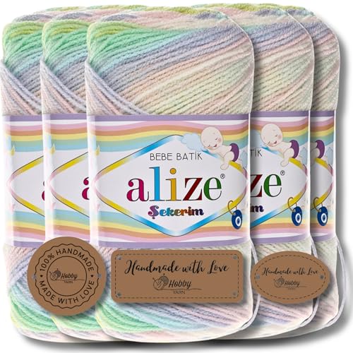 Hobby YARN 3x Etikettenlabel mit Alize Sekerim Bebe Batik Wolle Premium 5x100g als Set | Yarn | Garn | Strickgarn Farbverlauf Babywolle zum Häkeln Stricken Kleidung Schals (2132) von Hobby YARN