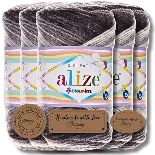 Hobby YARN 3x Etikettenlabel mit Alize Sekerim Bebe Batik Wolle Premium 5x100g als Set | Yarn | Garn | Strickgarn Farbverlauf Babywolle zum Häkeln Stricken Kleidung Schals (2881) von Hobby YARN