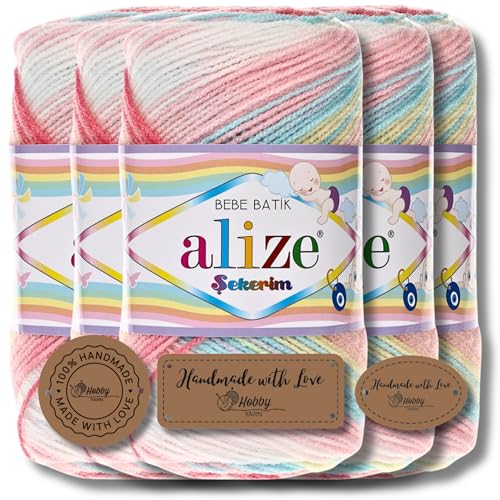 Hobby YARN 3x Etikettenlabel mit Alize Sekerim Bebe Batik Wolle Premium 5x100g als Set | Yarn | Garn | Strickgarn Farbverlauf Babywolle zum Häkeln Stricken Kleidung Schals (3045) von Hobby YARN
