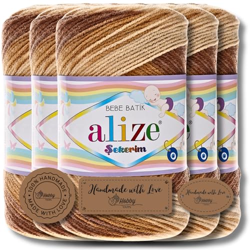 Hobby YARN 3x Etikettenlabel mit Alize Sekerim Bebe Batik Wolle Premium 5x100g als Set | Yarn | Garn | Strickgarn Farbverlauf Babywolle zum Häkeln Stricken Kleidung Schals (3050) von Hobby YARN