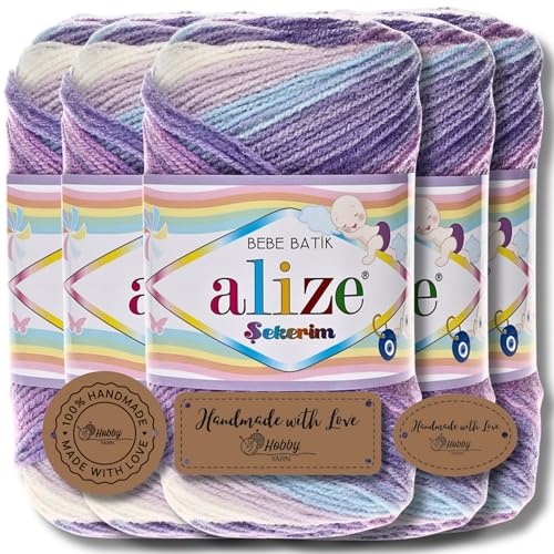 Hobby YARN 3x Etikettenlabel mit Alize Sekerim Bebe Batik Wolle Premium 5x100g als Set | Yarn | Garn | Strickgarn Farbverlauf Babywolle zum Häkeln Stricken Kleidung Schals (3483) von Hobby YARN