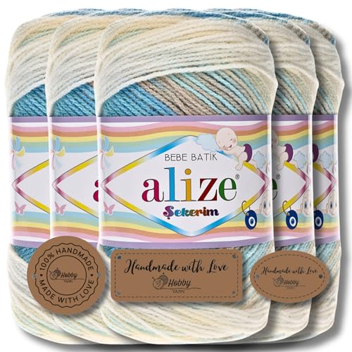 Hobby YARN 3x Etikettenlabel mit Alize Sekerim Bebe Batik Wolle Premium 5x100g als Set | Yarn | Garn | Strickgarn Farbverlauf Babywolle zum Häkeln Stricken Kleidung Schals (4398) von Hobby YARN