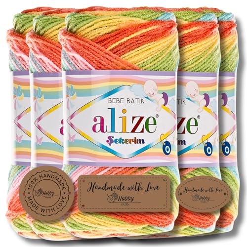 Hobby YARN 3x Etikettenlabel mit Alize Sekerim Bebe Batik Wolle Premium 5x100g als Set | Yarn | Garn | Strickgarn Farbverlauf Babywolle zum Häkeln Stricken Kleidung Schals (4400) von Hobby YARN