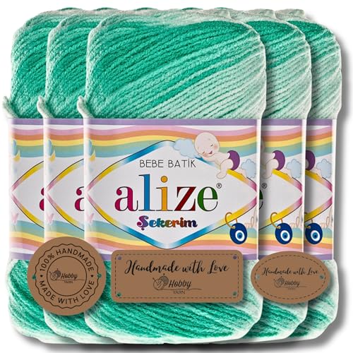 Hobby YARN 3x Etikettenlabel mit Alize Sekerim Bebe Batik Wolle Premium 5x100g als Set | Yarn | Garn | Strickgarn Farbverlauf Babywolle zum Häkeln Stricken Kleidung Schals (6317) von Hobby YARN